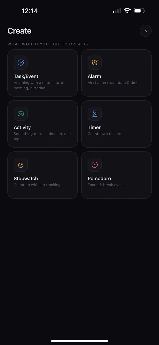 The Create sheet, offering six things to make: Task/Event, Alarm, Activity, Timer, Stopwatch and Pomodoro.