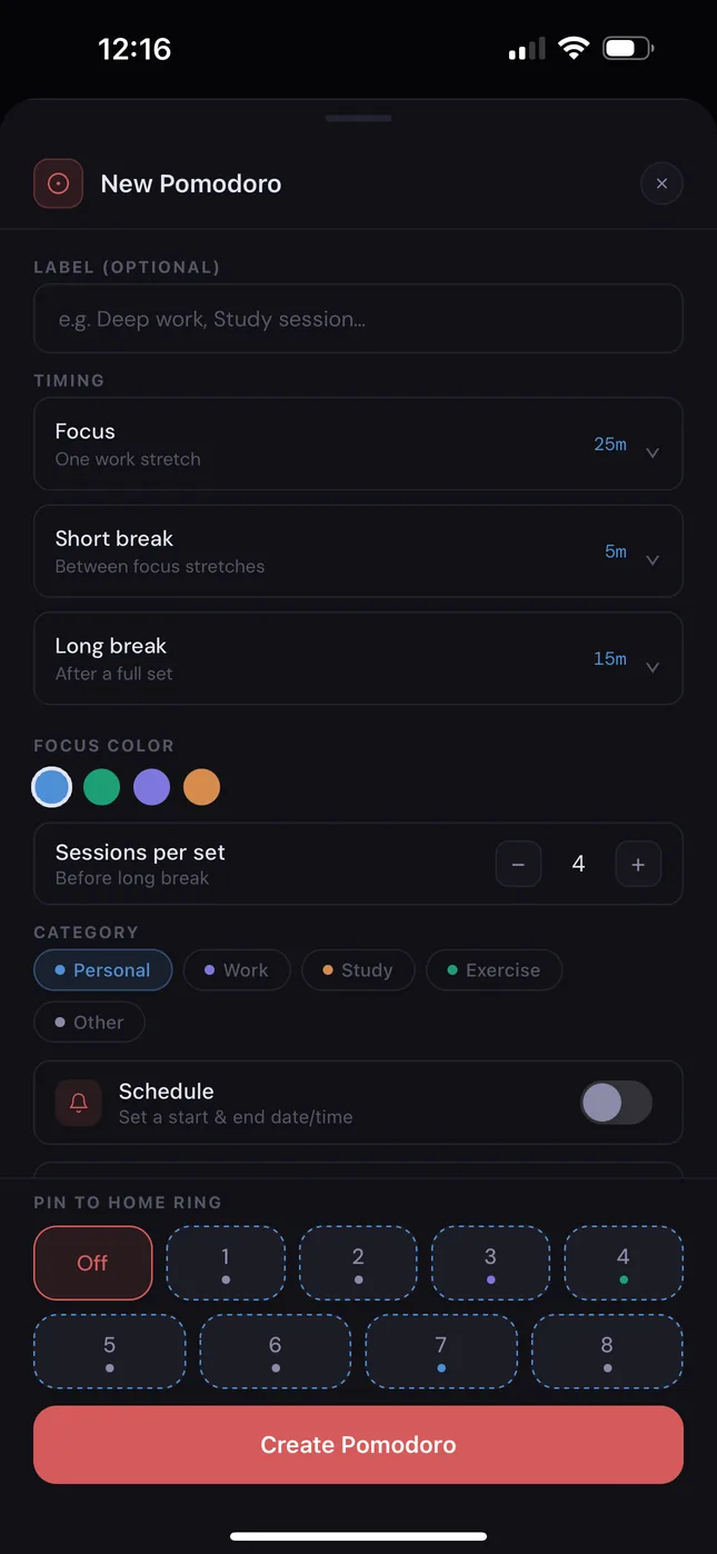 The New Pomodoro form: focus, short break and long break lengths, a focus colour, sessions per set, a category, and which of the eight Home rings to pin it to.